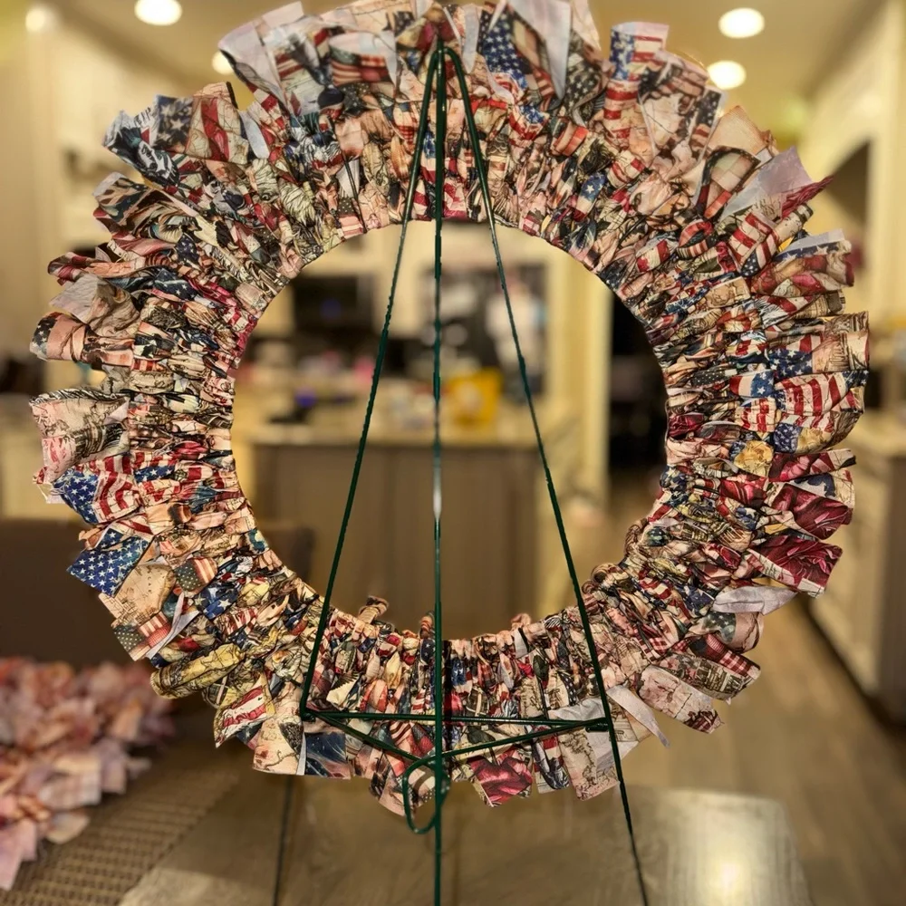 Hand Crafted Patriotic Fabric Wreath - Red, Blue, White
